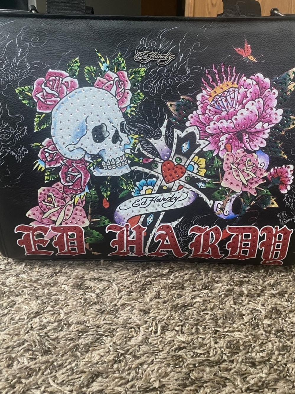 Ed Hardy Black Floral Skull Tote Bag - Pink Accent